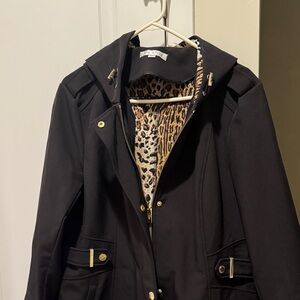 Via Spiga Black Trench Coat with Gold Accents and Animal print velvet lining